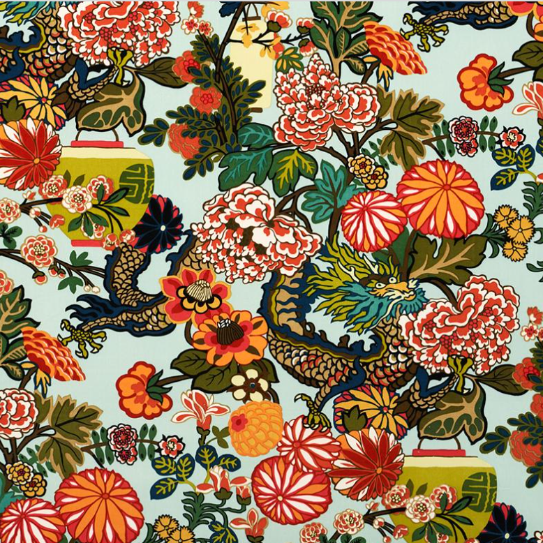 Schumacher Chiang Mai Dragon Aquamarine Linen Decorator Fabric