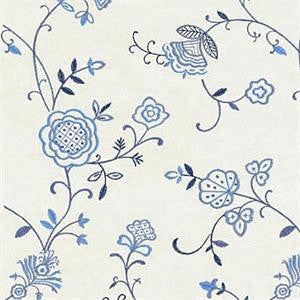 Stacy Lyn Embroidered Cotton Decorator Fabric in Bluebell Bay Club Porcelain, Upholstery, Drapery, Home Accent, Greenhouse,  Savvy Swatch
