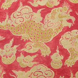 Williamsburg Dunmore Dragons Cinnabar Asian Oriental Foo Dog Fabric, Upholstery, Drapery, Home Accent, Carolina Decorative Fabrics,  Savvy Swatch